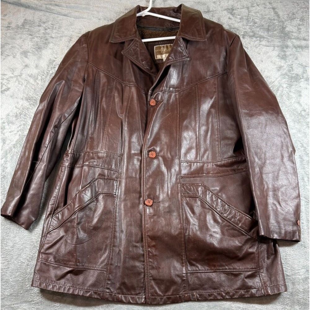 Vtg 70s Sears The Leather Shop Jacket Removeable Liner Men's Leather 46L Brown